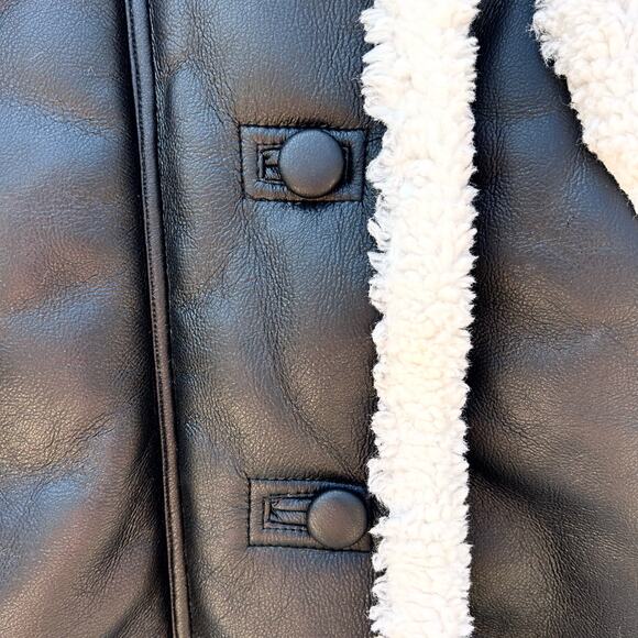 New Nasty Gal Longline Faux Leather Aviator Coat Jacket Black 4 Shearling - Picture 9 of 13